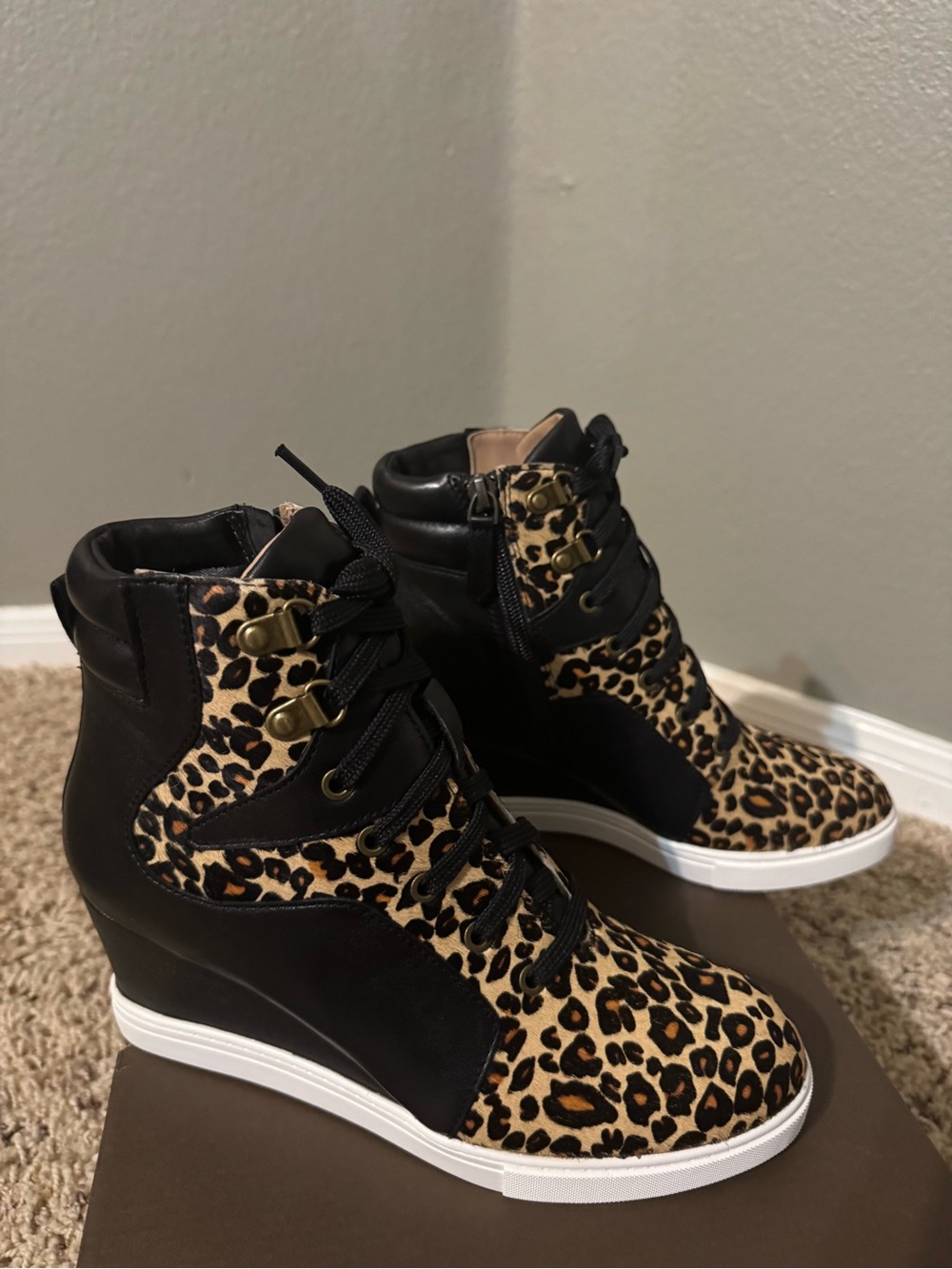 Paolo Leopard-Print Wedge High-Top Sneakers in Black & Tan
